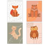 AnimalBUZZZ 4 affiches posters animaux foret A4 - salon design - chambre enfant bébé - Décoration garçon fille - Ours Hibou Chat Renard - Idée cadeau - Bohème tattoo - posters décoratifs