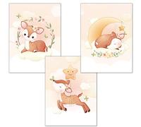 AnimalBUZZZ Lot de 3 Affiches Biche Mignonne - Faon Étoile Lune Nuage - Décoration Chambre Bébé Fille - Aquarelle Rose Pêche Doré - Sans Cadre - Format A4