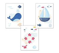 AnimalBUZZZ Lot de 3 affiches décoratifs format A4 - chambre enfant bébé - Décoration garcon - Motif marin bateau poisson baleine coquillage ocean - Idée cadeau - Thème mer - Impression haute qualité