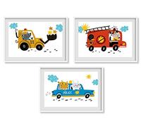 AnimalBUZZZ Lot de 3 affiches décoratifs Pompier Police Chantier-format A4 - chambre enfant bébé-Décoration Garçon-Animaux mignon- Idée cadeau Naissance Anniversaire-Impression haute qualité (A4)