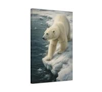 Animals Polar Bear On Ice Edge Canvas Print - Living Room, Above Console Table, White & Teal 16×24 inch (40×60 cm) - Vertical / 1.25 inch (3 cm)