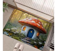 Animation 3D Paillasson D'Entrée Discret Absorbant - 60 x 90 cm - Antidérapant -Maison Aux Champignons La Forêt Tapis De Sol pour Entrée d'animaux Salle De Bain - Rouge