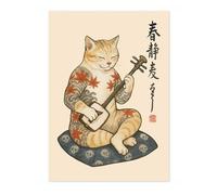 Animato The Koto Poster Poster vintage japonais en bois avec motif chat Ukiyo-E Tatouage Art mural A2 (impression uniquement) - 59,4 x 42 cm