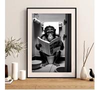 Animaux Assis Sur Les Toilettes Lecture Un Journal Imprime Affiche Drôle Salle De Bain Mur Décor Image Singe Wc Peinture Murale