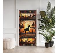 Animaux Cheval Effet 3D Sticker Porte, Tropical Prairie Papier Autocollant Porte Mural Décoration, Frontière Indien Vintage Stickers Muraux Amovible PVC 77x200 cm