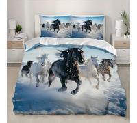 Animaux Chevaux 3D Microfibre Housse de Couette 90x190 cm 1 Personne 3 Pièces Ultra Doux Hypoallergique Champ de Neige Blanche Parure de Lit pour Enfant Adulte avec 2 Taies d'Oreillers