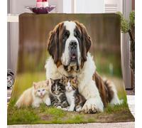 Animaux, Chien Saint-Bernard, Chat Plaid Polaire 180x200 cm, Couverture et Plaid Canapé Grande Taille en Flanelle Douce et Chaude Vert Clair Confortable pour Enfants et Adultes, Chambre et Lit