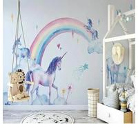 Animaux De Bande Dessinée Sous Un Ciel Étoilé Arc En Ciel Papier Peint 3D Installation Facile Intissé Tapisserie Bureau Salon Canapé Chambre Décoration Murale-300cm×210cm