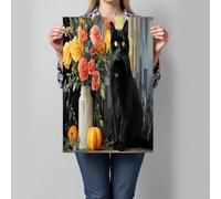 Animaux de dessin animé Impression sur Toile Jaune - Tableau décoratif Le chat noir était assis près du vase, Décoration Murale pour Salon Chambre, 60x40 cm, Sans Cadre