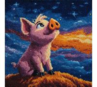 animaux de dessins animés Kit Crochet de Verrouillage Tapis DIY,Cochon rose sous le ciel étoilé,Kit Tapis Point Noué à Faire pour Débutants,Adultes,Latch Hook Canevas Coussin Point de Croix,43x43cm