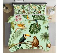 Animaux de la Forêt Housse de Couette 140x200 cm, Feuilles Vert Botanique Oiseau Tropical Parure de Lit 1 Personne Literie Microfibre Linge de Lit avec Fermeture Éclair et 1 Taies D'oreiller 65x65 cm