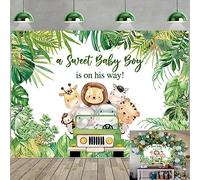 Animaux de la Jungle Baby Shower Background Un Petit garçon Mignon est sur Le Point de naître Fond de Photographie garçon Baby Shower Brithday Chasse Party Feuille Verte gâteau Table décoration 7x5FT