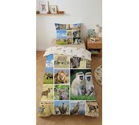 Animaux de la Savane Housse de Couette 140x200 + Taie 65x65 100% Coton | Parure de lit réversible 1 personne | Mosaïque photo animaux du monde | Éveil et découverte | Oeko-Tex