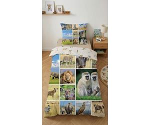 Animaux de la Savane Housse de Couette 140x200 + Taie 65x65 100% Coton | Parure de lit réversible 1 personne | Mosaïque photo animaux du monde | Éveil et découverte | Oeko-Tex