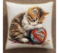 Animaux DIY Embroidery Cross Stitch Cushion Kit,Mignon petit renard jouant avec une pelote de fil,Stamped Cross-Stitch Pillow Case Kit for Creative Home Décor - Gift for Adult Beginners,18x18in