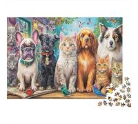 Animaux Domestiques et Oiseaux Papier Lourd Groupe de Chiens et Chat dans Un Champ de Fleurs Puzzle pour Seniors Cadeau Secret de Noël Relaxant 52x38cm/1000 pièces