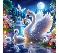 Animaux du paysage Peinture Diamant Adulte,DIY Carré Art du Diamant Painting Kit Complet,5D Broderie Cygnes du lac au clair de lune Diamond Painting Point de Croix Painting pour Murale Décor 75x75 cm