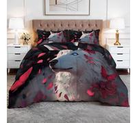 Animaux Fantastiques Couette Réversible 220 x 240 cm Loup Blanc Papillons Rouges Couettes Imprimée 4 Saisons, Homme Couette Matelassée pour Chambre Principale Appartement Moderne Couettes sans Housse