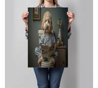 Animaux Intéressants Decoration Murale, Un Caniche Lit Un Journal Impression Sur Toile, 40 x 30 cm, Bleu Et Blanc Tableau Decoration Murale, Pour Chambre À Coucher Salon Galerie, Sans Cadre