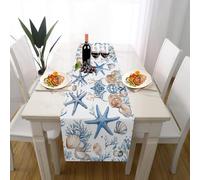 Animaux Marins Aquarelle Chemin de Table Deco Bapteme Garcon, Étoile De Mer Coquillage Corail Lavable Décoration de Table Cuisine Table Couverture Intérieur Mariage Vacances Fête Décor 32 x 275 cm