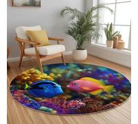 Animaux Marins Poissons Récif Corallien Rond Tapis Salon 160 cm Monde Sous-Marin Rond Tapis Intérieur, Multicolore Douce Dessous antidérapant Moquette Facile Moquette pour Salon Chambre Salle à Mange