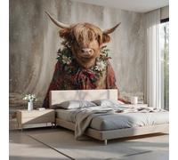 Animaux Mignons, Vaches des Highlands 3D Papier Peint 150x105cm(L x H) Tapisserie Murales Panorama Papier Peint Panoramique Écharpe Fleurie Vache Pour Salon Chambre D'Enfant Décoration Murale