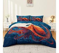 Animaux Pieuvre Océan Dessin Animé Sets de Housse de Couette,Ensemble de Linge de Lit en Microfibre Bleu, 1 Housse de Couette 240x260cm,2 Taies d'oreiller,avec Fermeture éclair
