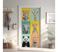 Animaux Sauvages Effet 3D Sticker Porte, Tigr Girafe Papier Autocollant Porte Mural Décoration, Éléphant Panda Stickers Muraux Amovible PVC 95x215 cm 5Yl228