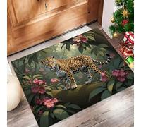 Animaux Sauvages Paillasson D'Entrée Discret Absorbant - 90 x 150 cm - Antidérapant -Léopard La Jungle Fleurs Sauvages Tapis De Sol pour Entrée d'animaux Salle De Bain - Vert Foncé