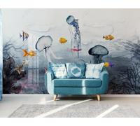 Animaux Sous Marins Dessinés À La Main À L'Encre De Chine Papier Peint 3D Installation Facile Intissé Tapisserie Bureau Salon Canapé Chambre Décoration Murale-200cm×140cm