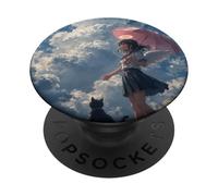 Anime Angel Girl & Black Cat Esthétique Lo-FI Rain PopSockets PopGrip Adhésif