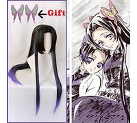 Anime bande dessinée démon Slayer Kimetsu no Yaiba Cosplay perruques Kochou Kanae Cosplay perruque synthétique résistant à la chaleur perruque synthétique noir cheveux longs perruque et chapeaux x 2