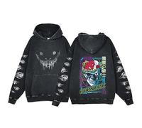 Anime Berserk Sweat à capuche vintage en coton délavé imprimé à manches longues, Noir 2, 3XL