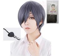 Anime Black Butler Kuroshitsuji Ciel Phantomhive Wigs Grey Mixed Blue Short Synthetic Hair Cosplay Wig + Black Eyepatch+ Wig Cap