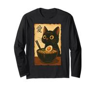 Anime Cat Ramen Japonais drôle Graphique Kawaii Nouilles Humour Manche Longue