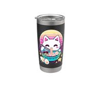 Anime Chat Mangeant Des Ramen Rétro Kawaii Esthétique Gobelet isotherme en acier inoxydable double paroi