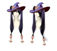 Anime Coser Wig 27in Genshin Impact Wig, Anime Cosplay Astologis Mona Maggistus Perruque, Perruque Violette à Double Queue de Cheval avec Bonnet de Perruque Gratuit, for Halloween, Fête, Carnaval, Vie