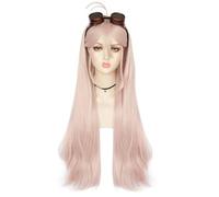 Anime Coser Wig Anime Cosplay Costume Miu Iruma Perruque, Perruque Femme Rose Clair avec Lunettes Perruques Synthétiques Longues Naturelles Ondulées, avec Bonnet de Perruque, for Halloween, Fête, Carn