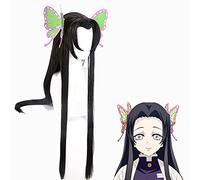 Anime Coser Wig Perruque de cheveux noirs + une paire de papillons Natural Demon Demon Slayer Agatsuma Zenitsu Wavy Curly Courly Cosplay Robe de soirée de soirée thermique perruque synthétique résista