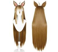 Anime Coser Wig Perruque de cosplay de jeu d'anime for Genshin Impact Gorou, femmes avec deux oreilles à clip, cheveux longs et raides bruns, perruque de déguisement de fête, cheveux synthétiques rési