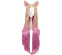 Anime Coser Wig Perruque de cosplay de jeu d'anime, perruque KDA Ahri, avec des oreilles de chat femmes cheveux longs roses dorés avec bonnet de perruque gratuit, for Halloween, fête, carnaval, vie no