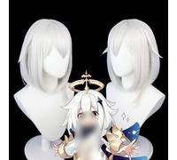 Anime Coser Wig Perruque Genshin Impact 14 pouces, perruque Anime Cosplay Paimon, perruque gris argenté avec bonnet de perruque gratuit, for Halloween, fête, carnaval, vie nocturne, concerts, mariages