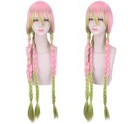 Anime Cosplay Wig : Kimetsu no Yaiba Halloween Costume Kanroji Mitsuri Long Pink Green Braids Synthetic Hair Wigs