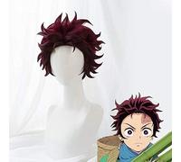 Anime démon Slayer Kimetsu No Yaiba Tanjirou Kamado Cosplay perruques Costume vin rouge cheveux avec queue de cheval + perruque gratuite casquette courte
