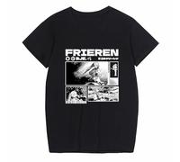 Anime Frieren: Beyond Journey's End T-shirt en coton noir imprimé de dessin animé utilisé pour les fans de manga Frieren Cadeau Cosplay, Noir 2, XS