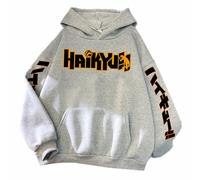 Anime Haikyuu !! Sweat à capuche ample décontracté avec grand logo pour les fans de manga, gris, S