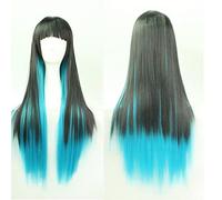 Anime Harajuku ita Long Straight Black Purple Blue Ombre Wig Cosplay Costume Synthetic Hair Wigs With Bangs OneSize blackblueombre