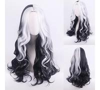 Anime Movie 101 Cruella de Vil Mix Black White Cosplay Wig Synthetic Hair Halloween Party Wigs For Women Adult OneSize longwavy