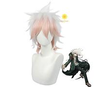 Anime Nagito Komaeda Perruque courte en cheveux synthétiques blancs et roses + bonnet de perruque pour jeux de rôle