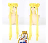 Anime Sailor Moon Longue Droite Double Tresses Citron Jaune Blonde Synthétique Cosplay Perruque Pour Halloween Party Costume PL-076